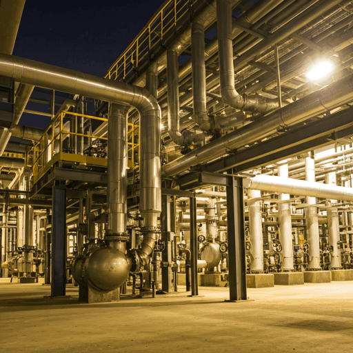 interior of a chemical processing plant showing complex pipework and storage vats under bright industrial lights
