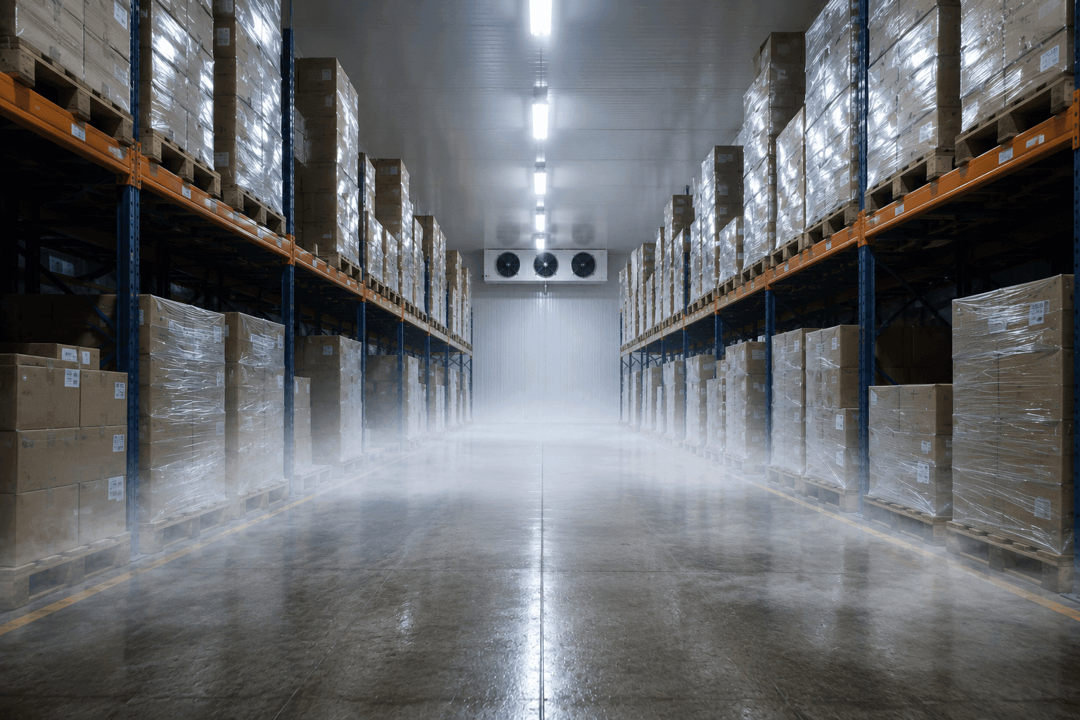 large cold storage warehouse with refrigerated shelving units and industrial cooling systems