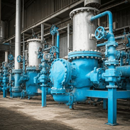 close-up of industrial machinery in a fertilizer production facility with visible chemical processing equipment