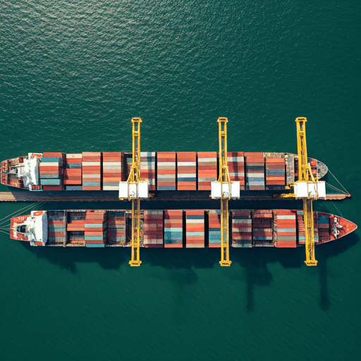aerial view of a busy maritime port with massive container ships docked at piers lined with giant loading cranes