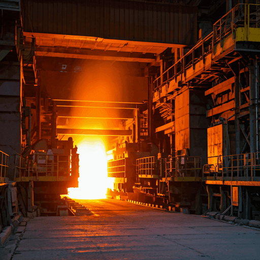 hot steel manufacturing process with glowing orange metal being rolled in a massive industrial mill