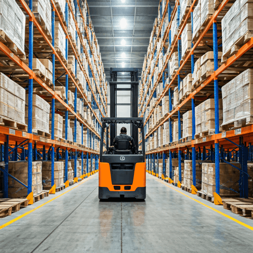 modern industrial warehouse with high-reach forklift moving pallets among perfectly organized steel racking systems